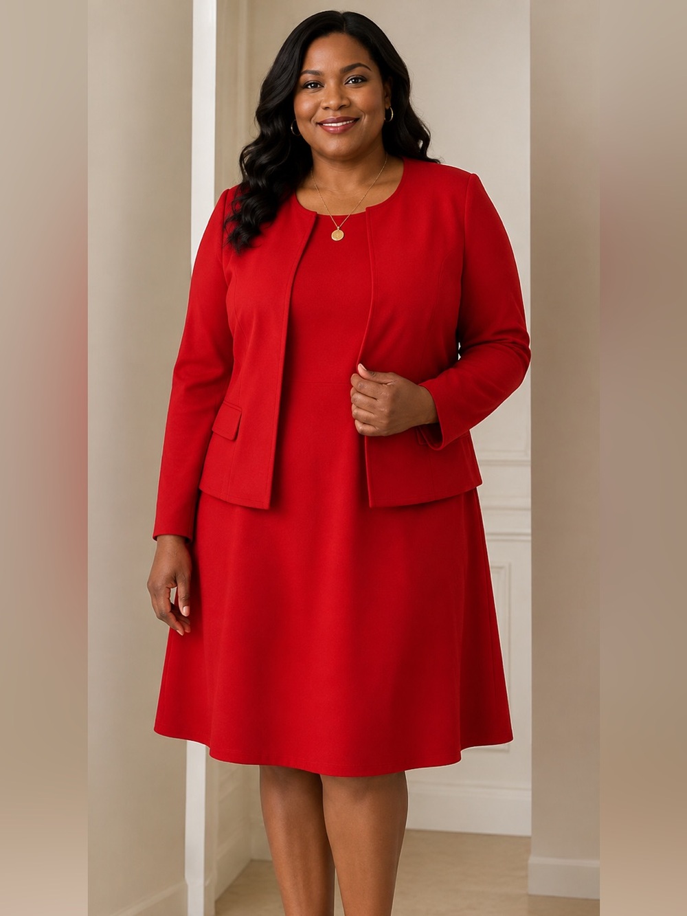 St. John Santana Knit 2 pc Dress Jacket Suit size 14/16 RED